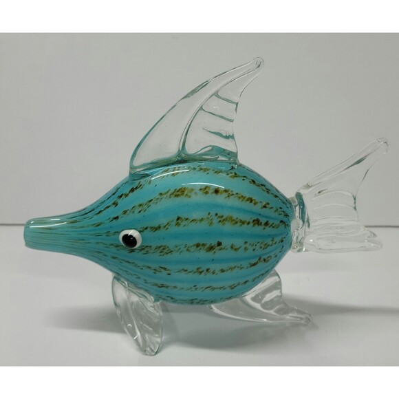 Murano Style Blown Art Glass Tropical Fish 10"L x 8" Teal w Stripes EUC - Picture 1 of 7